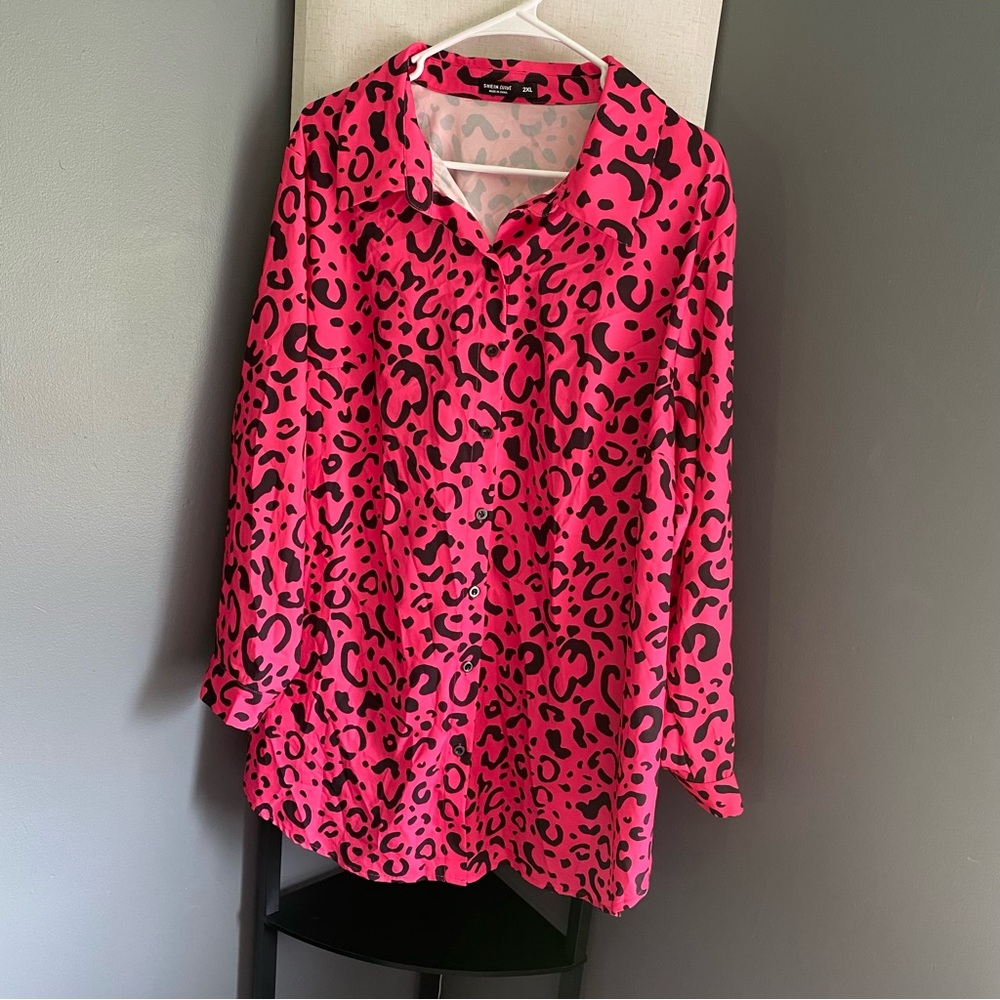 SHEIN Pink Leopard Button Down Shirt